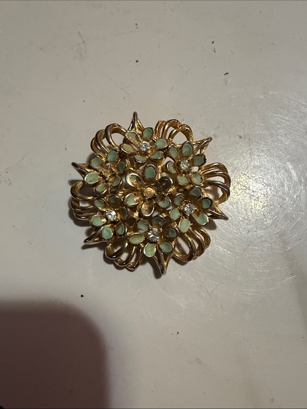 2/$35 Gold Floral Cluster Brooch with Mint Enamel and Clear Stones